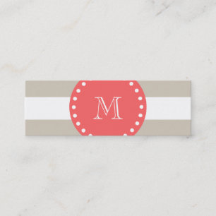 Beige White Stripes Pattern, Coral Monogram Mini Business Card
