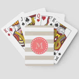 Beige White Stripes Pattern, Coral Monogram Playing Cards