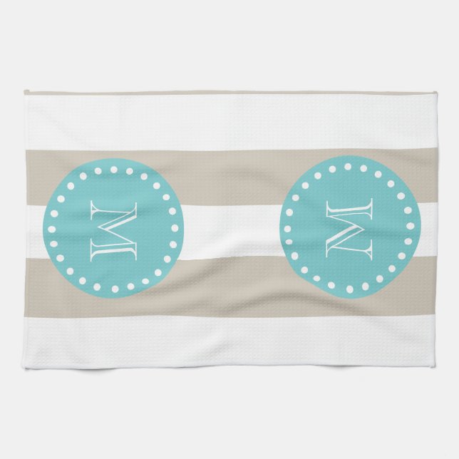 Beige White Stripes Pattern, Teal Monogram Kitchen Towel (Horizontal)