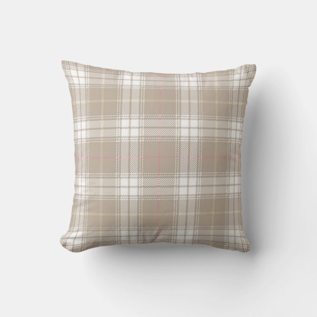 Beige White Tartan Plaid Pattern Rustic  Throw Pillow (Front)