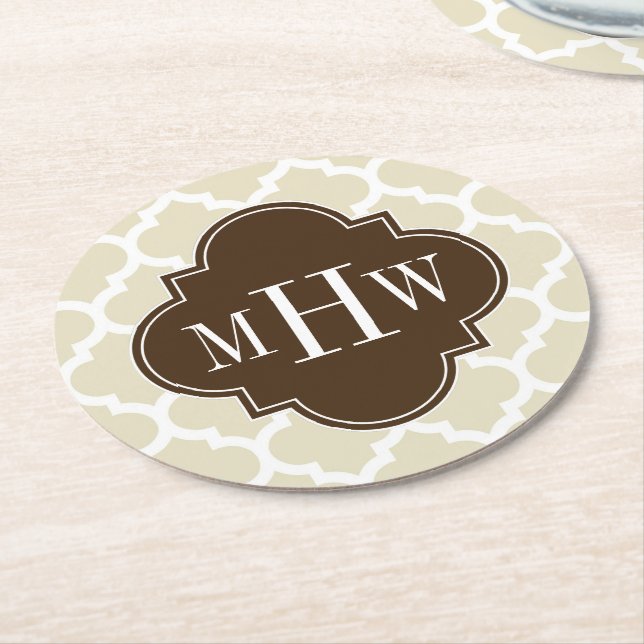 Beige, Wht Moroccan #5 Dk Brown 462c13 3I Monogram Round Paper Coaster (Angled)
