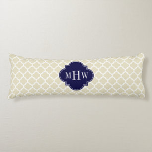 Beige Wht Moroccan #5 Navy Blue 3 Initial Monogram Body Pillow
