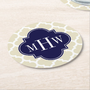 Beige Wht Moroccan #5 Navy Blue 3 Initial Monogram Round Paper Coaster