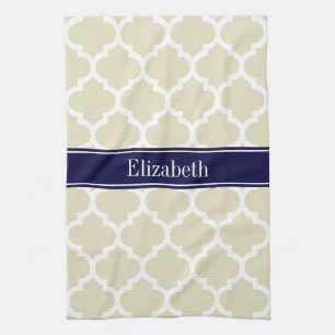 Beige Wht Moroccan #5 Navy Blue Name Monogram Kitchen Towel