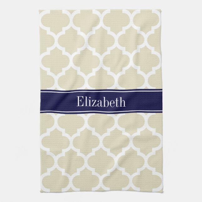 Beige Wht Moroccan #5 Navy Blue Name Monogram Kitchen Towel (Vertical)