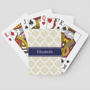 Beige Wht Moroccan #5 Navy Blue Name Monogram Playing Cards