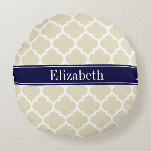 Beige Wht Moroccan #5 Navy Blue Name Monogram Round Pillow