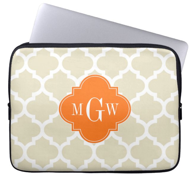 Beige, Wht Moroccan #5 Pumpkin 3 Initial Monogram Laptop Sleeve (Front)