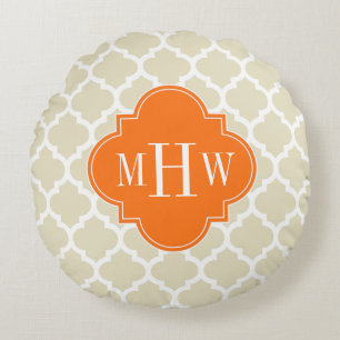 Beige, Wht Moroccan #5 Pumpkin 3 Initial Monogram Round Pillow