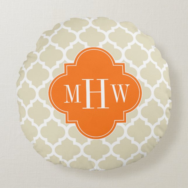 Beige, Wht Moroccan #5 Pumpkin 3 Initial Monogram Round Pillow (Front)