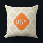 Beige, Wht Moroccan #5 Pumpkin 3 Initial Monogram Throw Pillow<br><div class="desc">Beige and White Moroccan Quatrefoil Trellis Pattern #5, Pumpkin Orange Quatrefoil 3 Initial Monogram Customize this with your 3 initial monogram, name or other text. You can also change the font, adjust the font size and font colour, move the text to adjust letter spacing, etc. Please note that this is...</div>