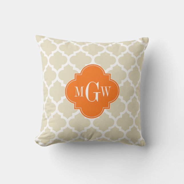 Beige, Wht Moroccan #5 Pumpkin 3 Initial Monogram Throw Pillow (Front)