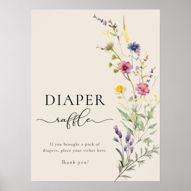 Beige Wildflower Floral Baby Shower Diaper Raffle Poster (Front)