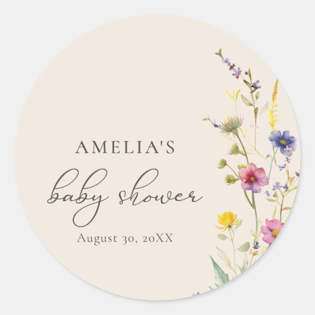 Beige Wildflower Spring Floral Baby Shower Classic Round Sticker (Front)