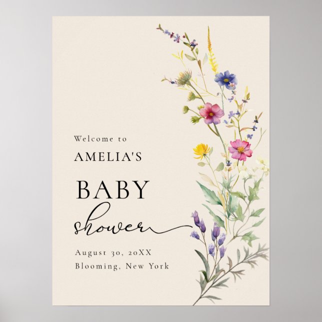Beige Wildflower Spring Floral Baby Shower Welcome Poster (Front)