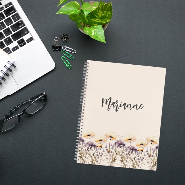 Beige wildflowers yellow custom name script notebook (Creator Uploaded)