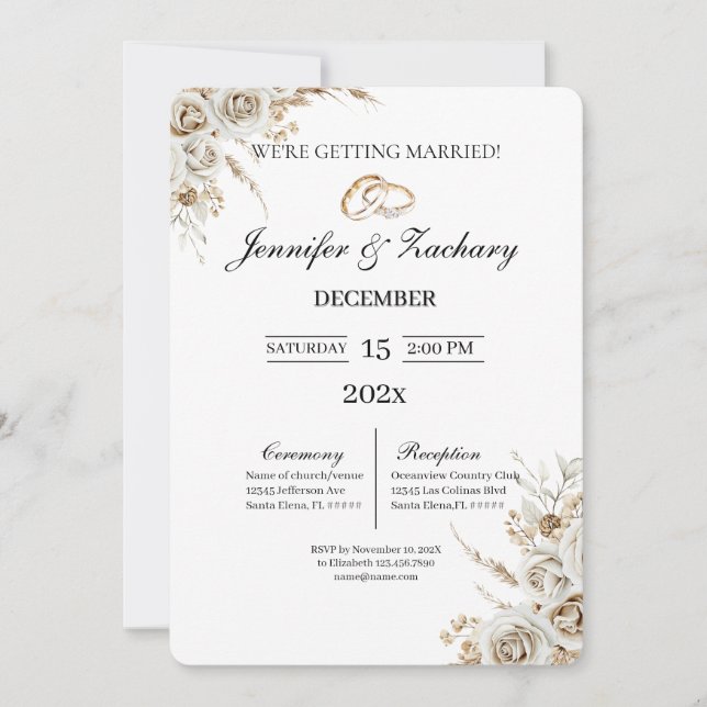 Beige with bouquet wedding  invitation (Front)