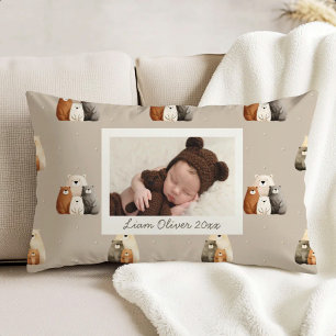 Beige Woodland Bears Pattern Custom Photo Nursery Accent Pillow