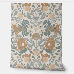 Beige Woodland Block Print Damask Wallpaper