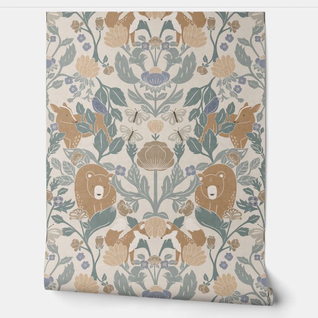 Beige Woodland Block Print Damask Wallpaper (Unrolling)