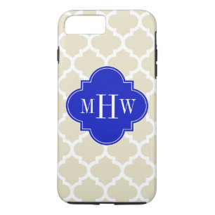 Beige Wt Moroccan #5 Royal Blue 3 Initial Monogram iPhone 8 Plus/7 Plus Case