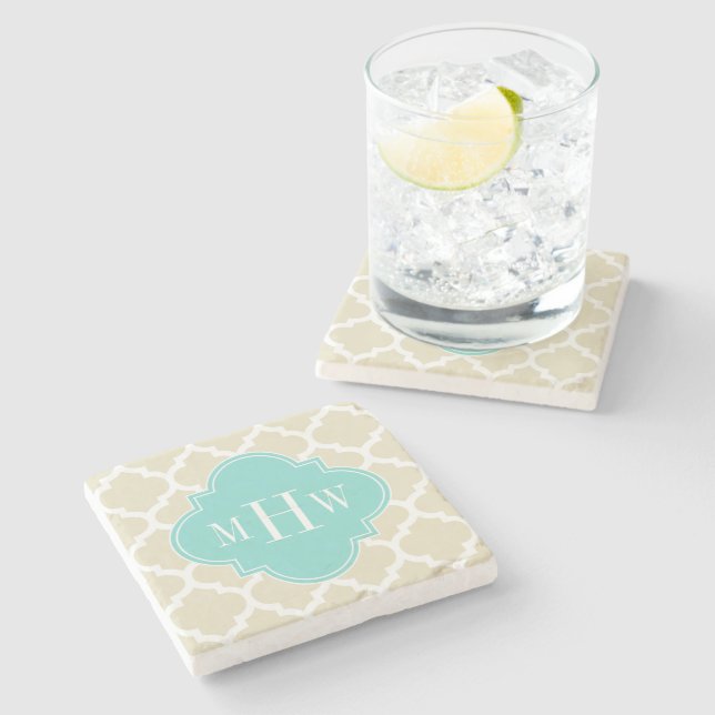 Beige, Wt Moroccan #5 Turquoise 3 Initial Monogram Stone Coaster (Side)