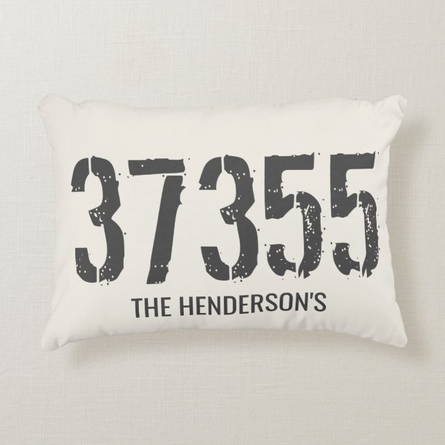 Beige Zip Code Family Name Custom Accent Pillow (Front)