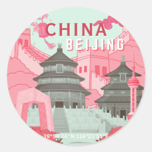 Beijing China Travel Poster Mint Green, Pink Art Classic Round Sticker