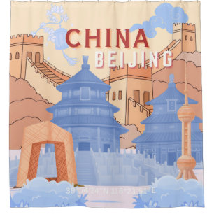 Beijing China Travel Poster Pastel Blue & Peach