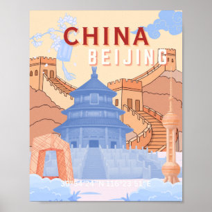 Beijing China Travel Poster Pastel Blue & Peach