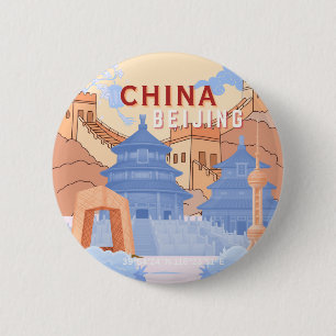 Beijing China Travel Poster Pastel Blue & Peach 2 Inch Round Button