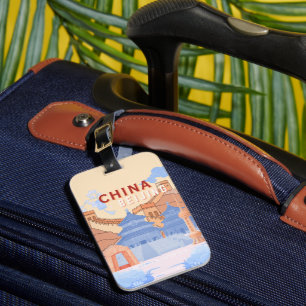 Beijing China Travel Poster Pastel Blue & Peach Luggage Tag