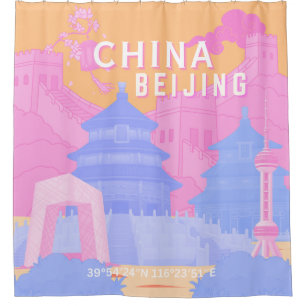 Beijing China Travel Poster   Pink & Blue Pastel