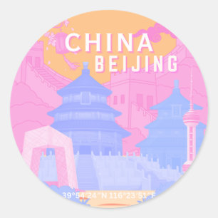 Beijing China Travel Poster   Pink & Blue Pastel Classic Round Sticker