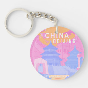 Beijing China Travel Poster Pink & Blue Pastel Keychain