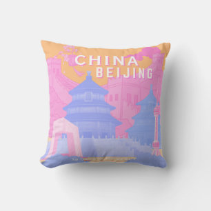 Beijing China Travel Poster Pink & Blue Pastel Throw Pillow