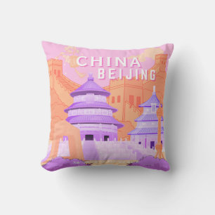 Beijing China Travel Poster Pink & Lavender Art Throw Pillow