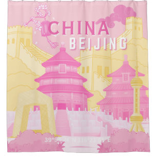 Beijing China Travel Poster Pink & Yellow Art