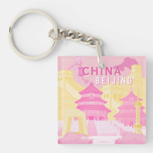 Beijing China Travel Poster Pink & Yellow Art Keychain