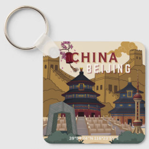 Beijing China Travel Poster Vintage Illustration Keychain