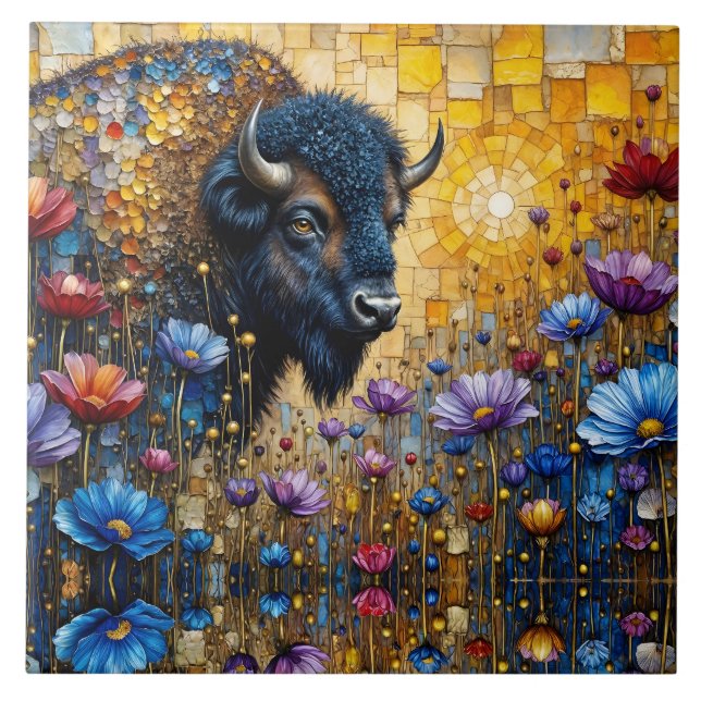 Bejeweled American Bison in Flowers Tile (Front)