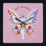 Bejeweled Lady Butterfly Art Deco Image Square Wall Clock<br><div class="desc">A lovely image of a lady butterfly in all her bejeweled beauty is the theme for this bathroom decor collection. This gorgeous Art Deco inspired design is done in pastel colours with touches of red and gold. Customize it with a name or any phrase that suits your imagination and personal...</div>