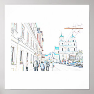 Belarus Hrodna Stylized Architecture Sketch Poster