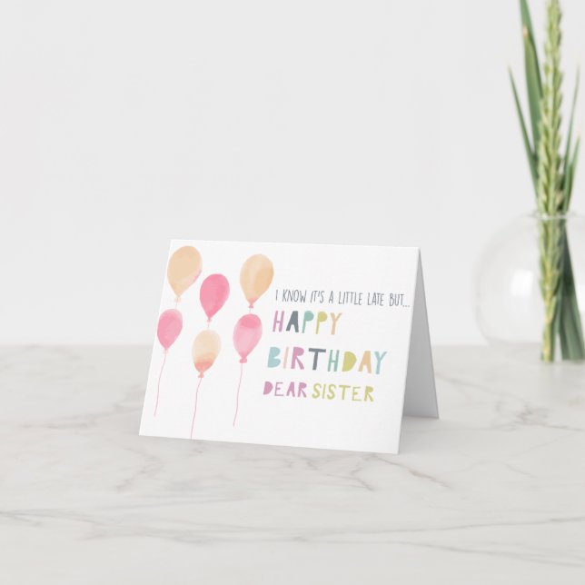 Belated Birthday Watercolor Balloons Sister Cute Card (Front)