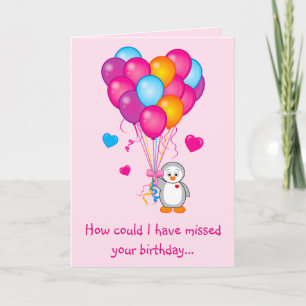 Belated Birthday with Sweet Penguin and Balloons Card