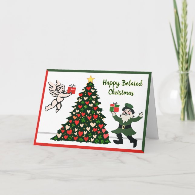 Belated Christmas Hearts and Shamrocks Holiday Card (Front)