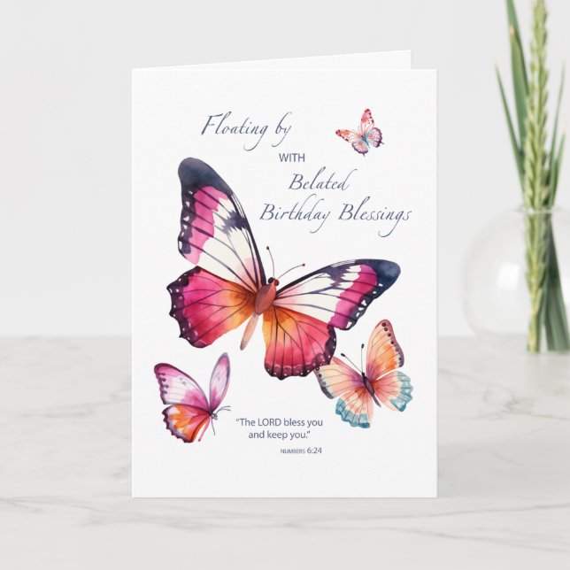 Belated Religious Birthday Watercolor Butterflies Card (Front)