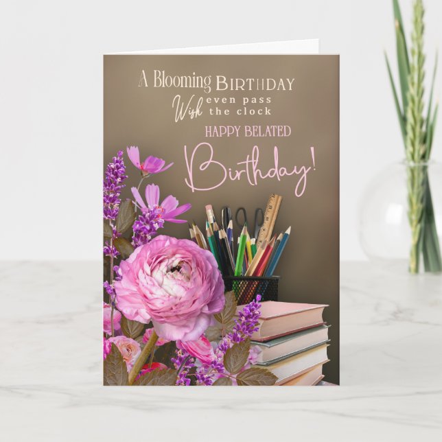 Belated Tutor Birthday – Pink Roses & Study Theme Card (Front)