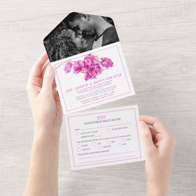 Belated Wedding party pink bougainvillea  All In One Invitation (Tearaway)