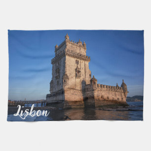 Belem tower at sunset in Lisbon, Portugal Kitchen Towel